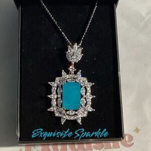 Lab Created  Paraiba Tourmaline &Zircon vintage inspired silver Pendant necklace